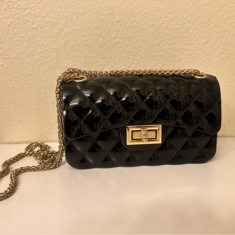 Black Small Plastic Purse with Gold Chain strap